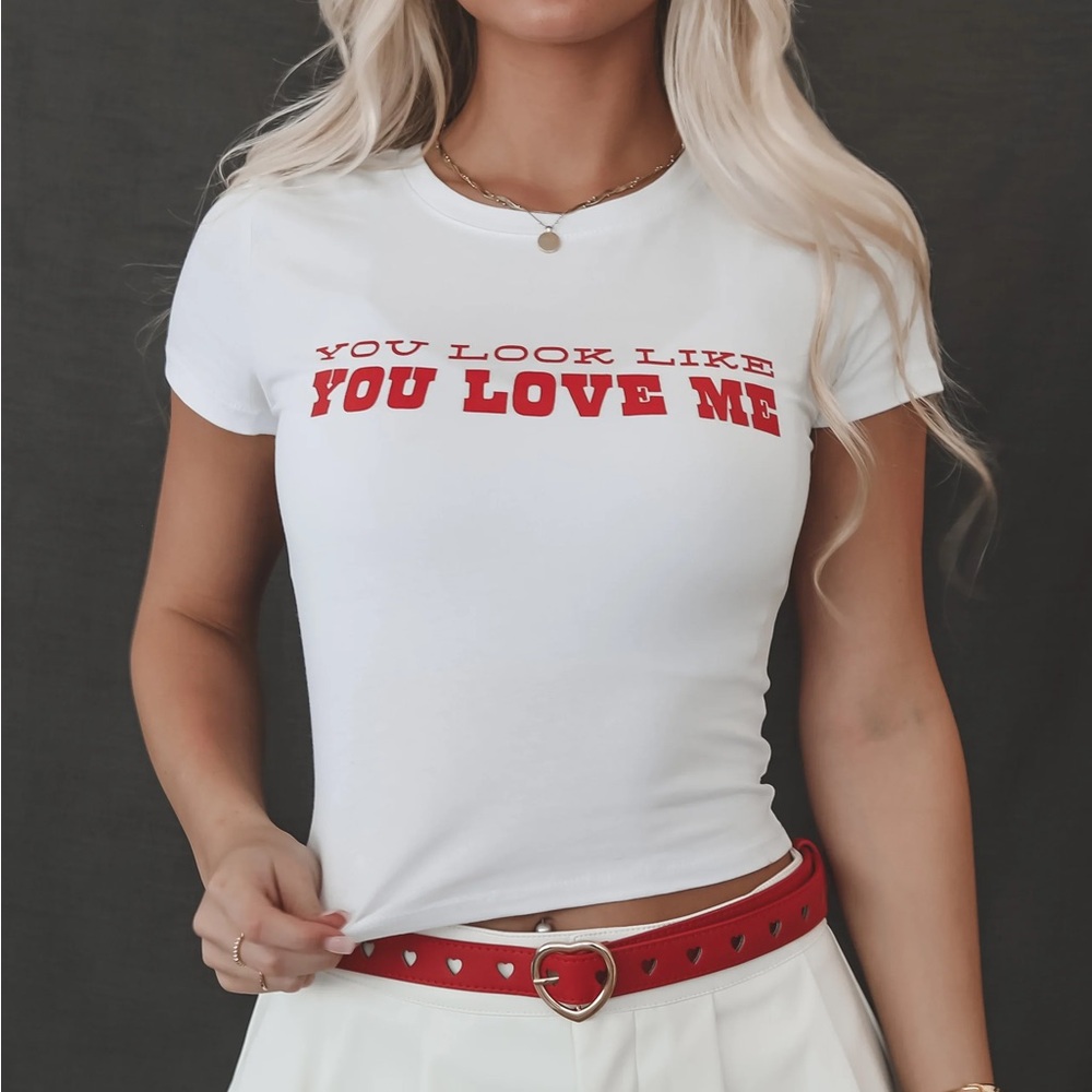 AMAZING LACE White You Look Like You Love Me Graphic Cropped Tee